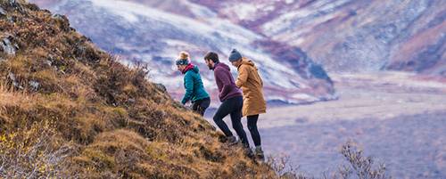 A group of three individuals is climbing a steep, grassy slope in a mountainous landscape. The terrain is rugged, with patches of snow visible on the peaks in the background.
