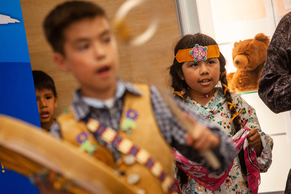 Members of the Troth Yeddha' Dance Group open the ceremony as UAF Alumni gather in the Regents' Great Hall on the UAF campus for the Annual Nanook Rendezvous Alumni Reunion Reception and Alumni Awards Thursday, evening, July 13, 2023.