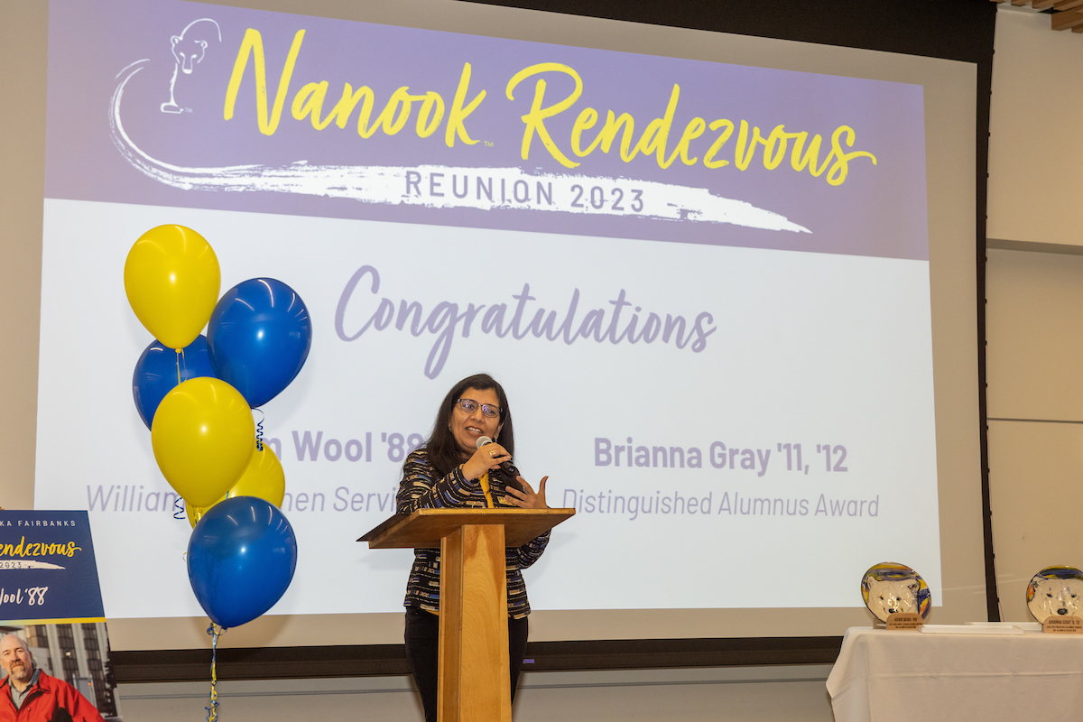 UAF Provost and Executive Vice Chancellor Anupma Prakash gives her welcoming remarks as UAF Alumni gather in the Regents' Great Hall on the UAF campus for the Annual Nanook Rendezvous Alumni Reunion Reception and Alumni Awards Thursday, evening, July 13, 2023.
