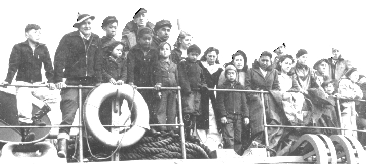 294 Aleuts were evacuated from St. Paul Island on June 15, 1942. Fredericka Martin Collection, UAF Archives.
