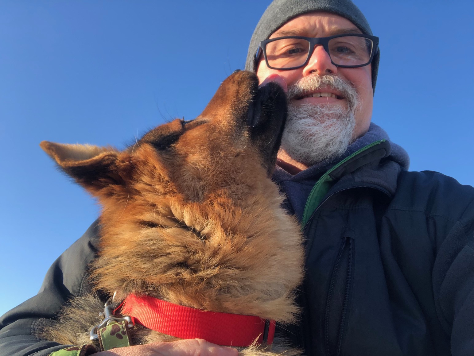man with dog licking his face
