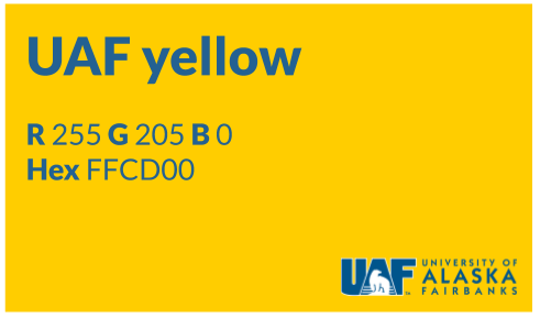 UAF digital signage sample with gold background and blue text