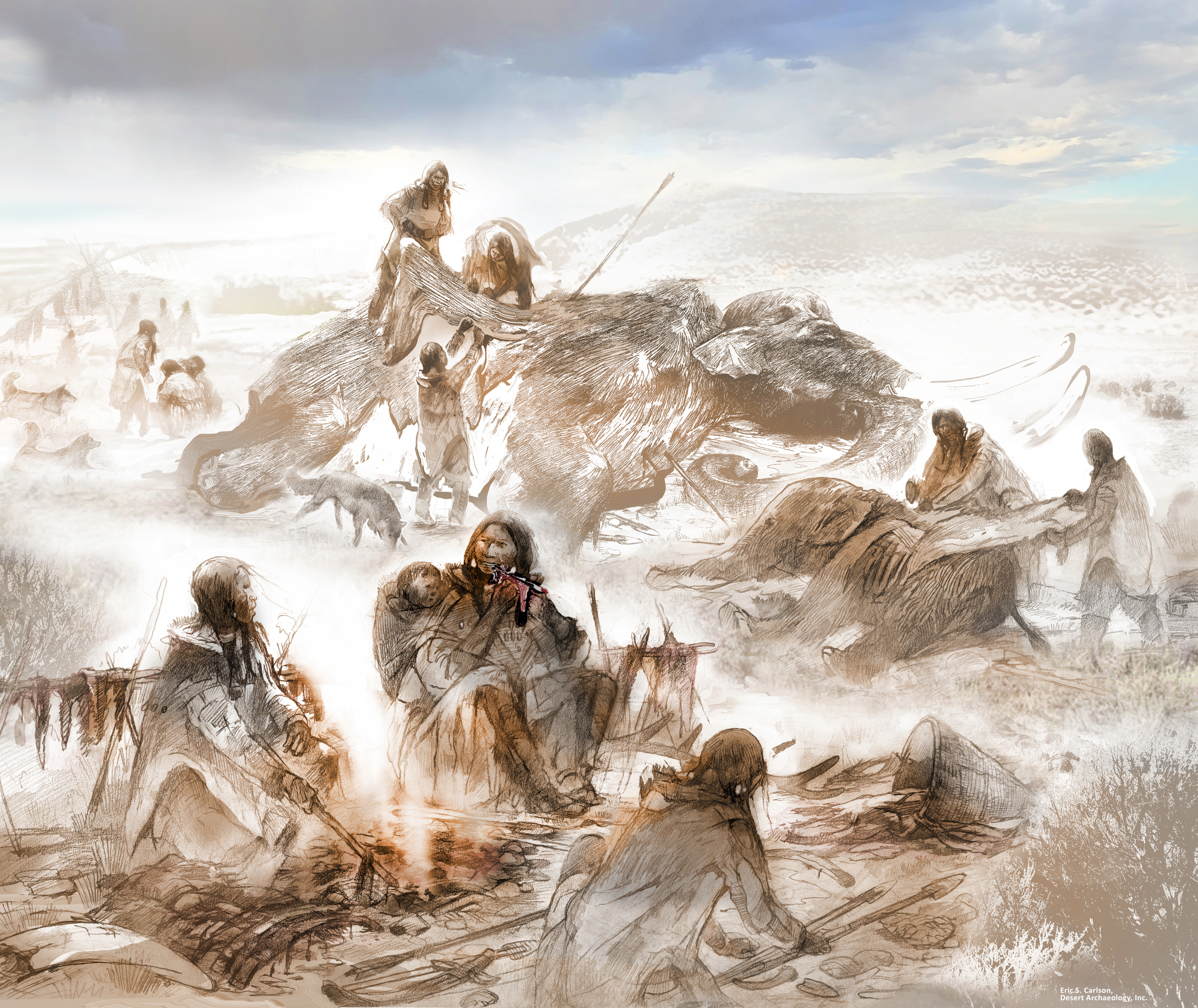 Artist's watercolor reconstruction of Clovis behaviors around 13,000 years ago. Two women, one holding an infant, consume mammoth meat near a hearth. A man in the foreground is working on stone projectiles. In the background, several adults butcher a juvenile and an adult mammoth. Several large dogs, similar to huskies, beg for meat.