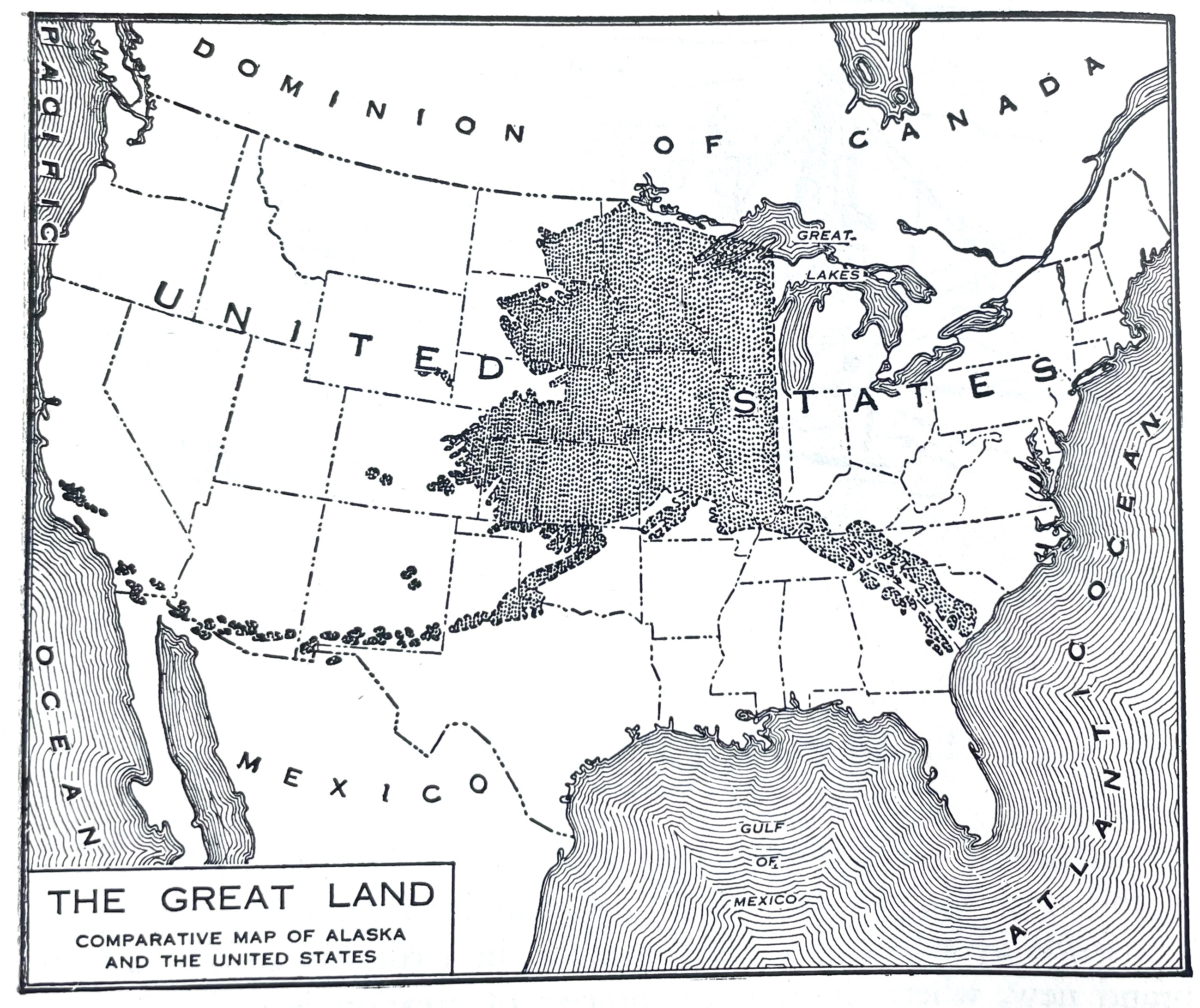 A simple black-and-white outline map of the United States overlaid with the state of Alaska.