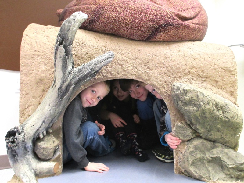 Four children peer out of a simulated bear den.