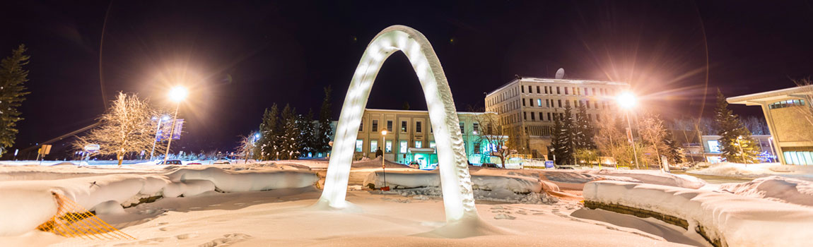 Ice arch in UAF Cornerstone Plaza built by civil engineering students