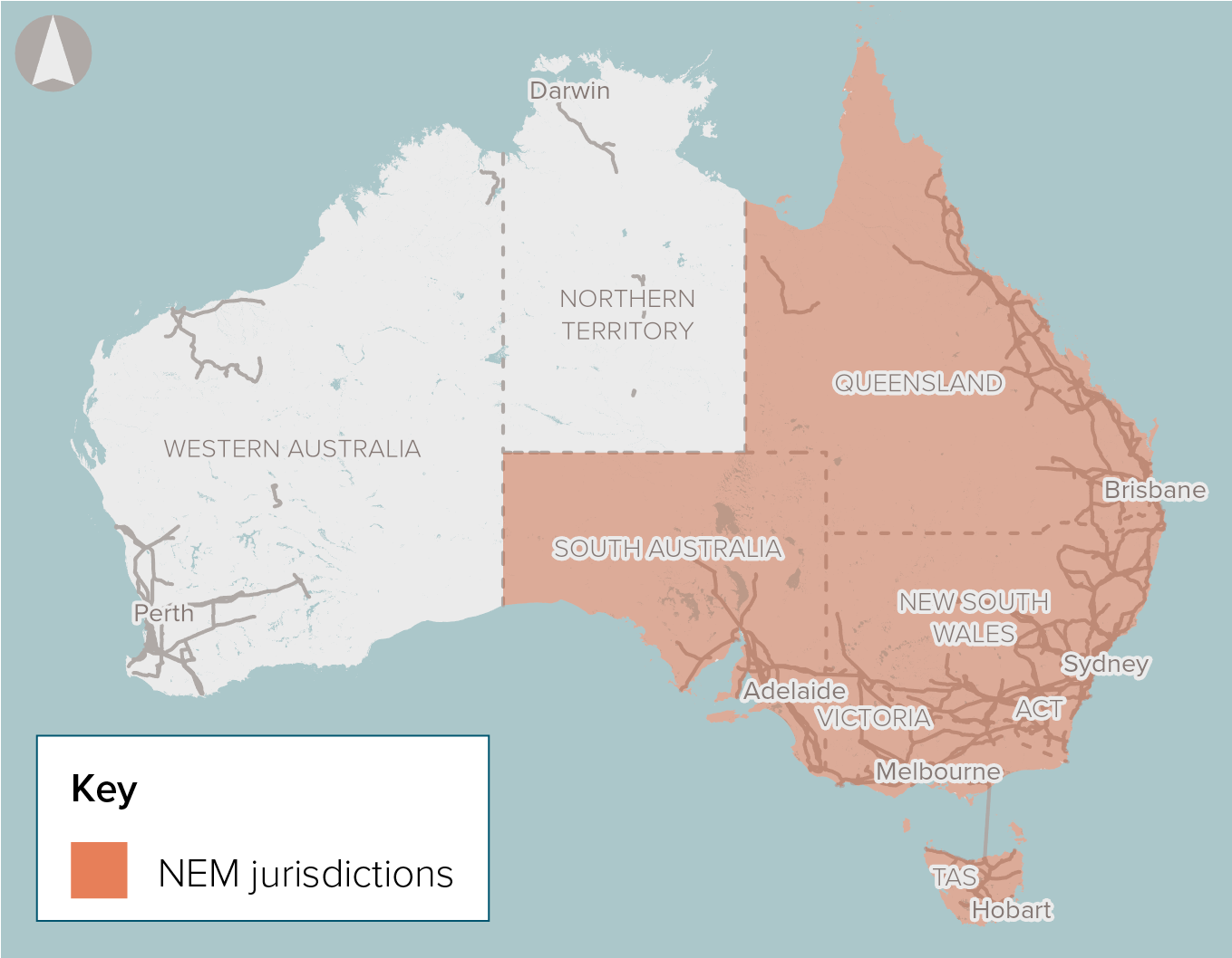 The National Electricity Market (NEM) in Australia is centered in the southern and eastern portions of the country, where the majority of Australians live. 