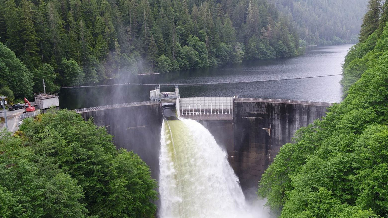 Water spilling from the Swan Lake hydroelectric facility near Ketchikan after a record rainfall in 2020
