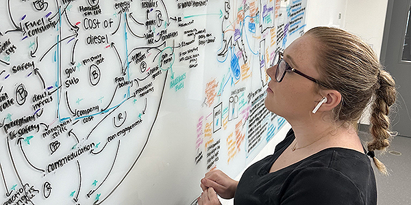 Abby McCallum sketches out a causal loop diagram for energy security interventions in Alaska. Photo by Lydia Andriesen.