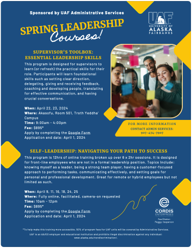 Spring leadership courses flyer, content from flyer listed above.