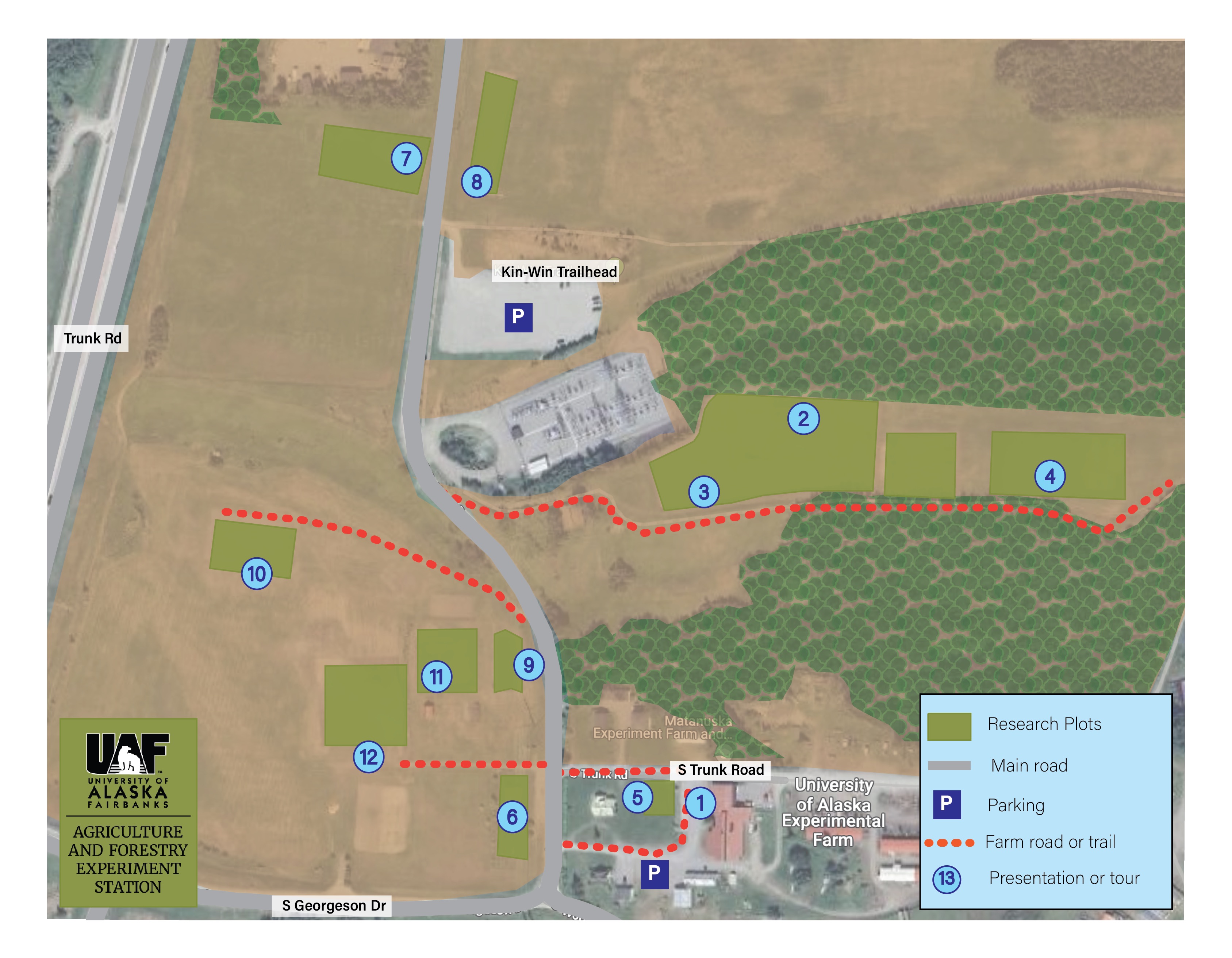 Map of the Matanuska Experiment Farm with research plots, roads and parking
