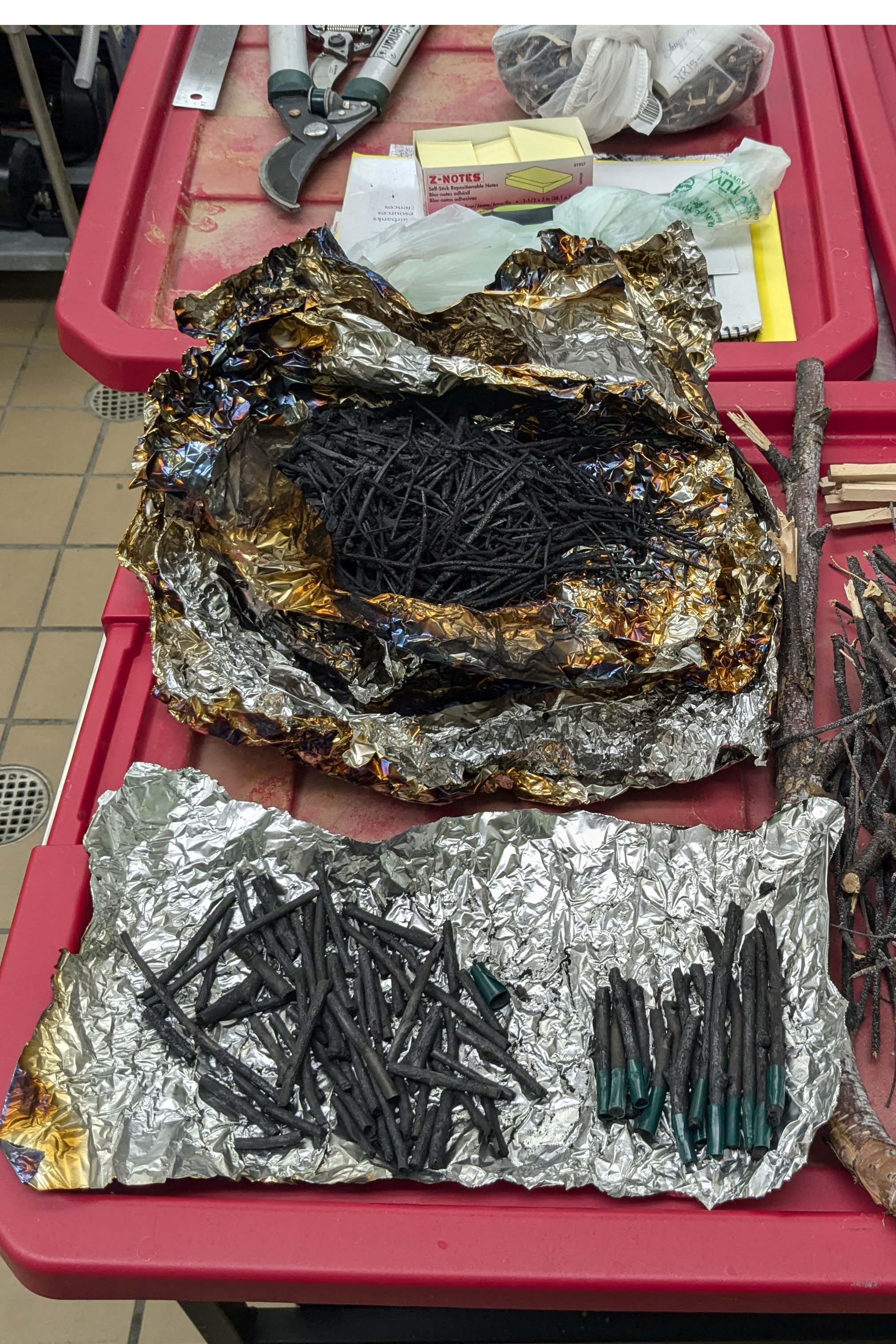Charcoal sticks for drawing made out of birch branches pile on top of tin foil