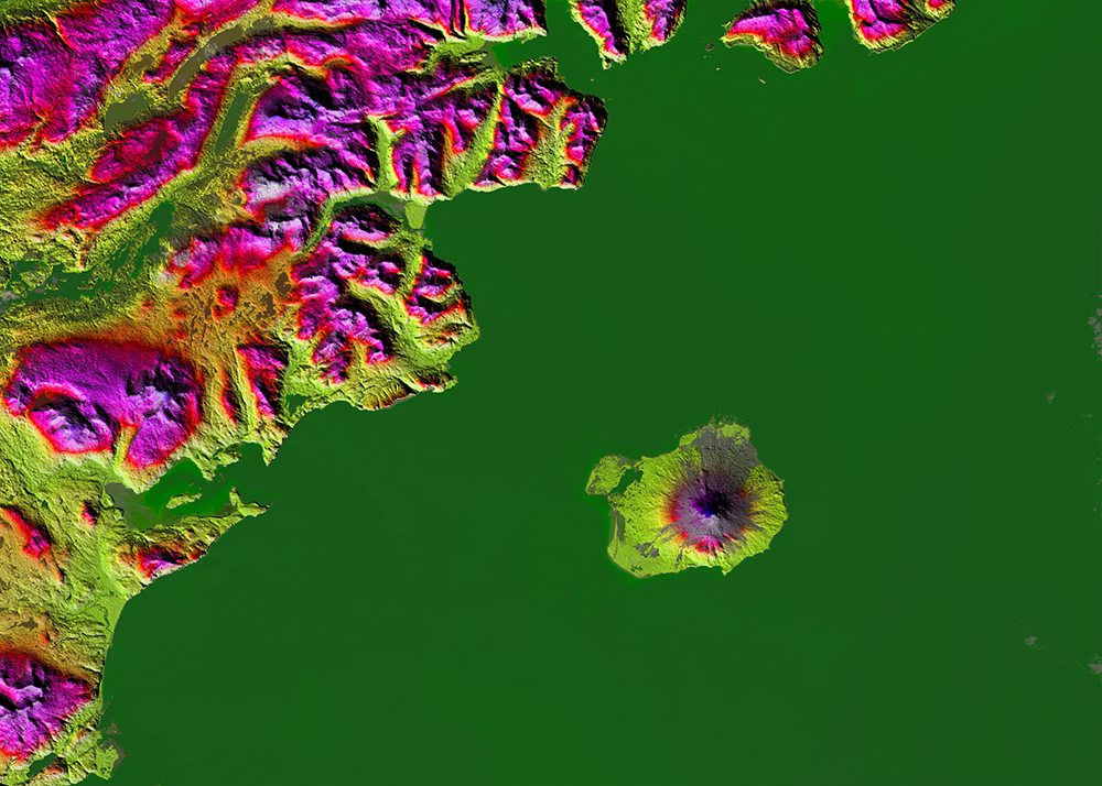  A map showing a volcano with a lush green island at its center