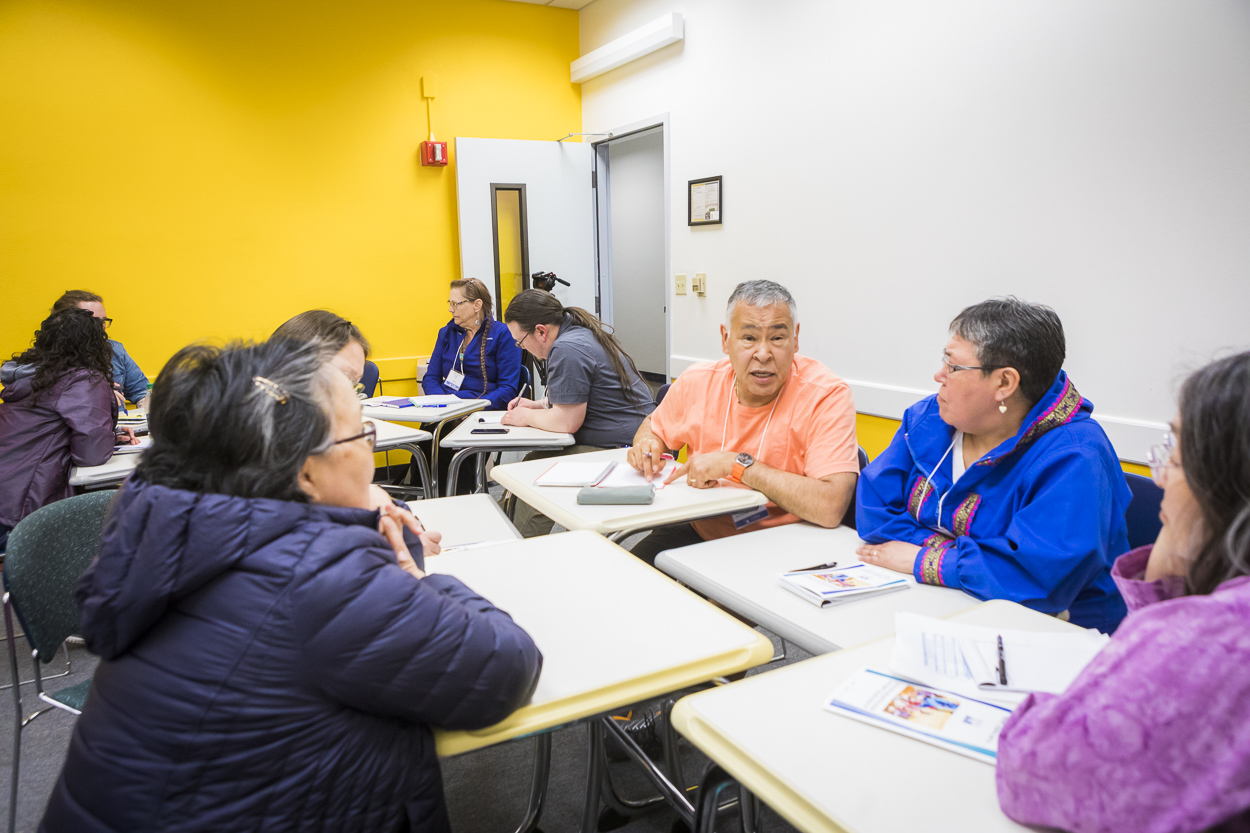 ANLC director Walkie Charles participates in a language revitalization group in 2018. UAF photo by JR Ancheta.