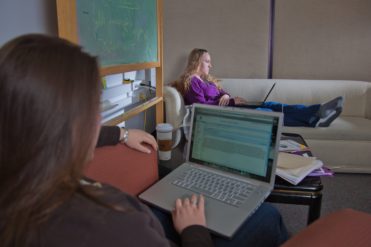 Anthropology majors Sarah Ficarrotta, left, and Maegan Ellicott study in the graduate student lounge in the Eielson Building.