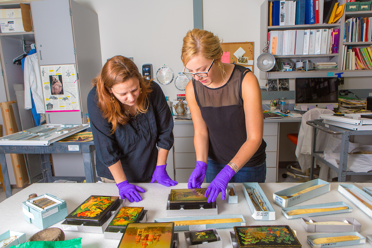 Anthropology opportunities Angela Linn, left, ethnology and history collections manager at the University of Alaska Museum of the North, catalogs donated Russian artifacts with student assistant Kirsten Olson in a museum lab. | UAF Photo by Todd Paris