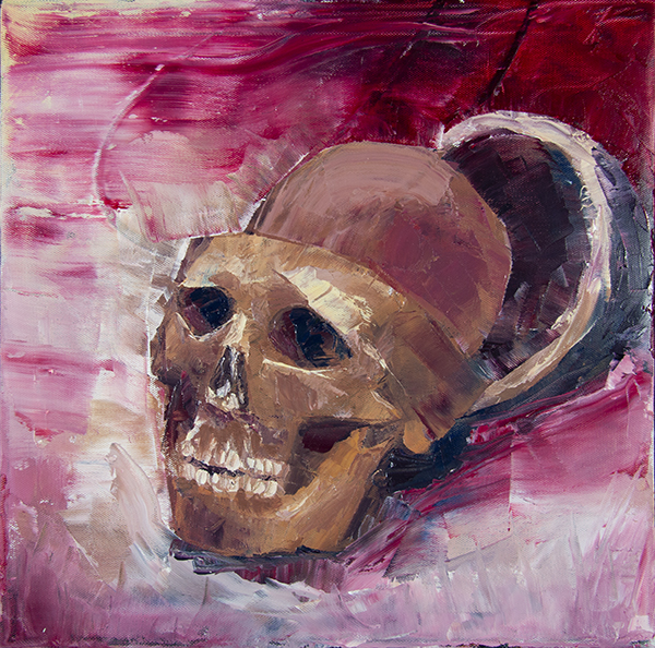 A human skull skull with the top part removed and sitting off kilter and slightly behind it on a pink background