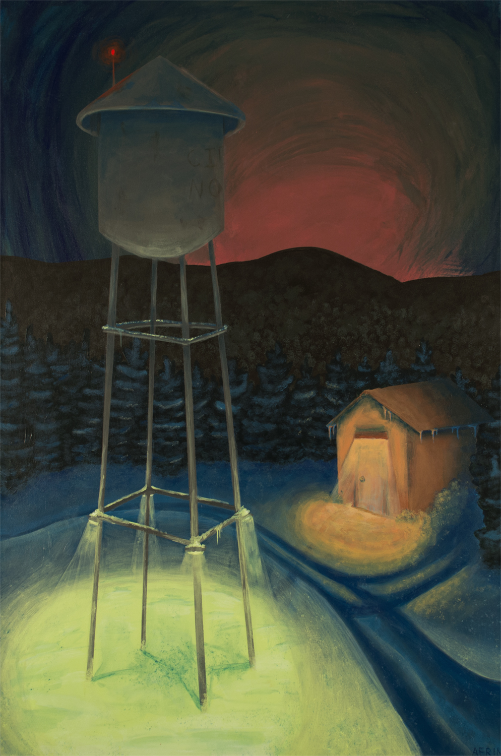 A water tower and building late at night, courtesy of the artist