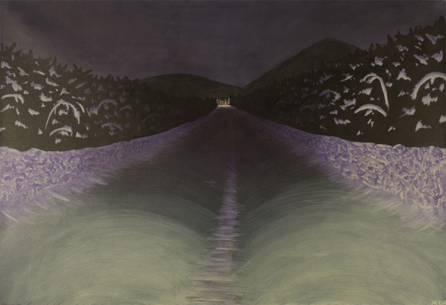 snow covered road at night surrounded by trees with a glowing light in the distance, courtesy of the artist