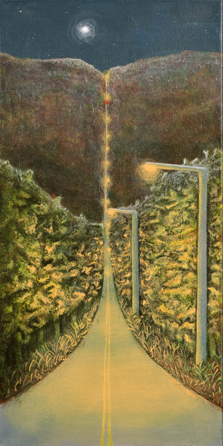 A hilly road stretching through a forest in the summer, courtesy of the artist