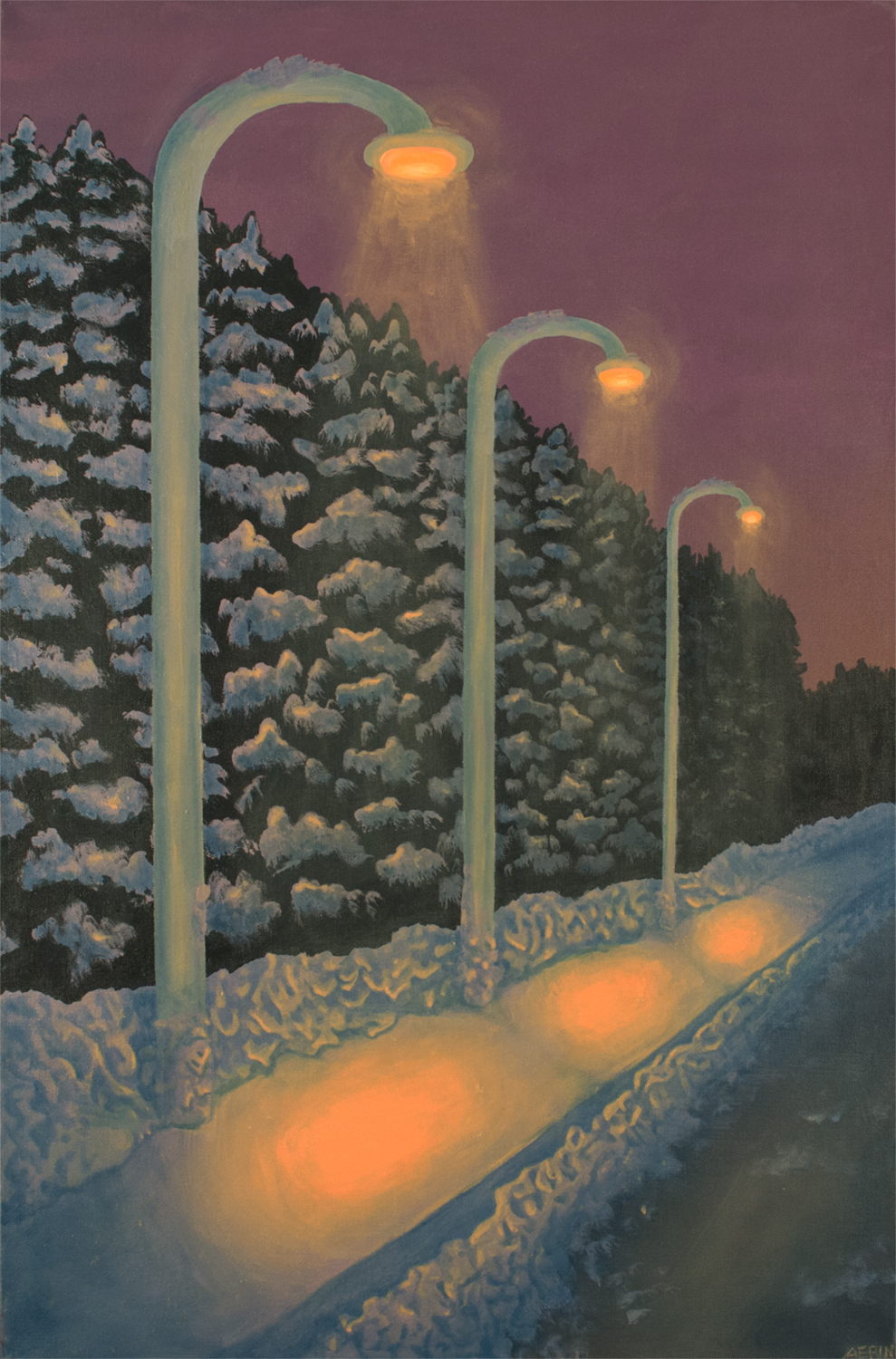 A row of street lamps down a shoveled walkway and backed by tall hedges, courtesy of the artist
