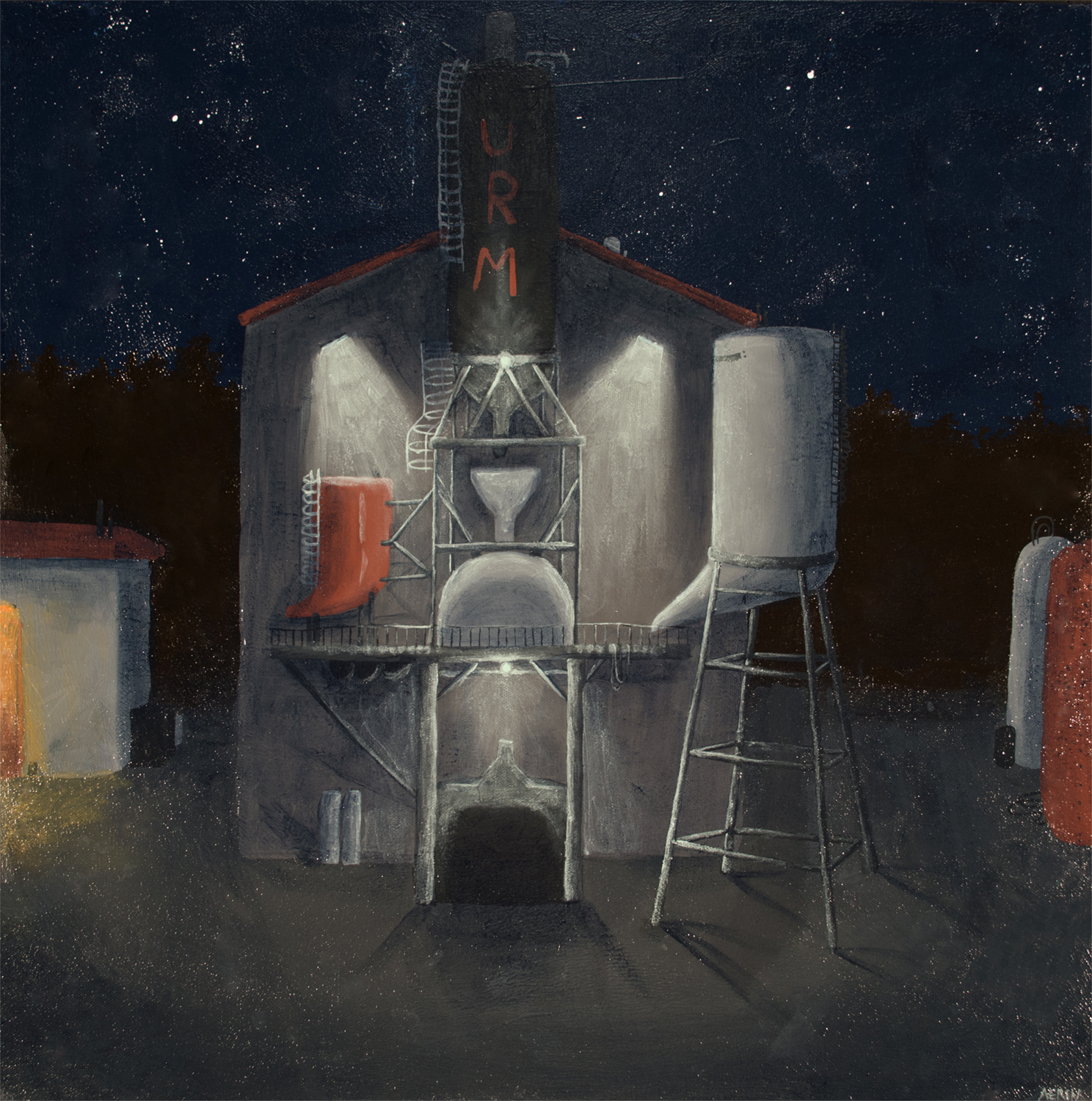 An industrial building lit up at night, courtesy of the artist
