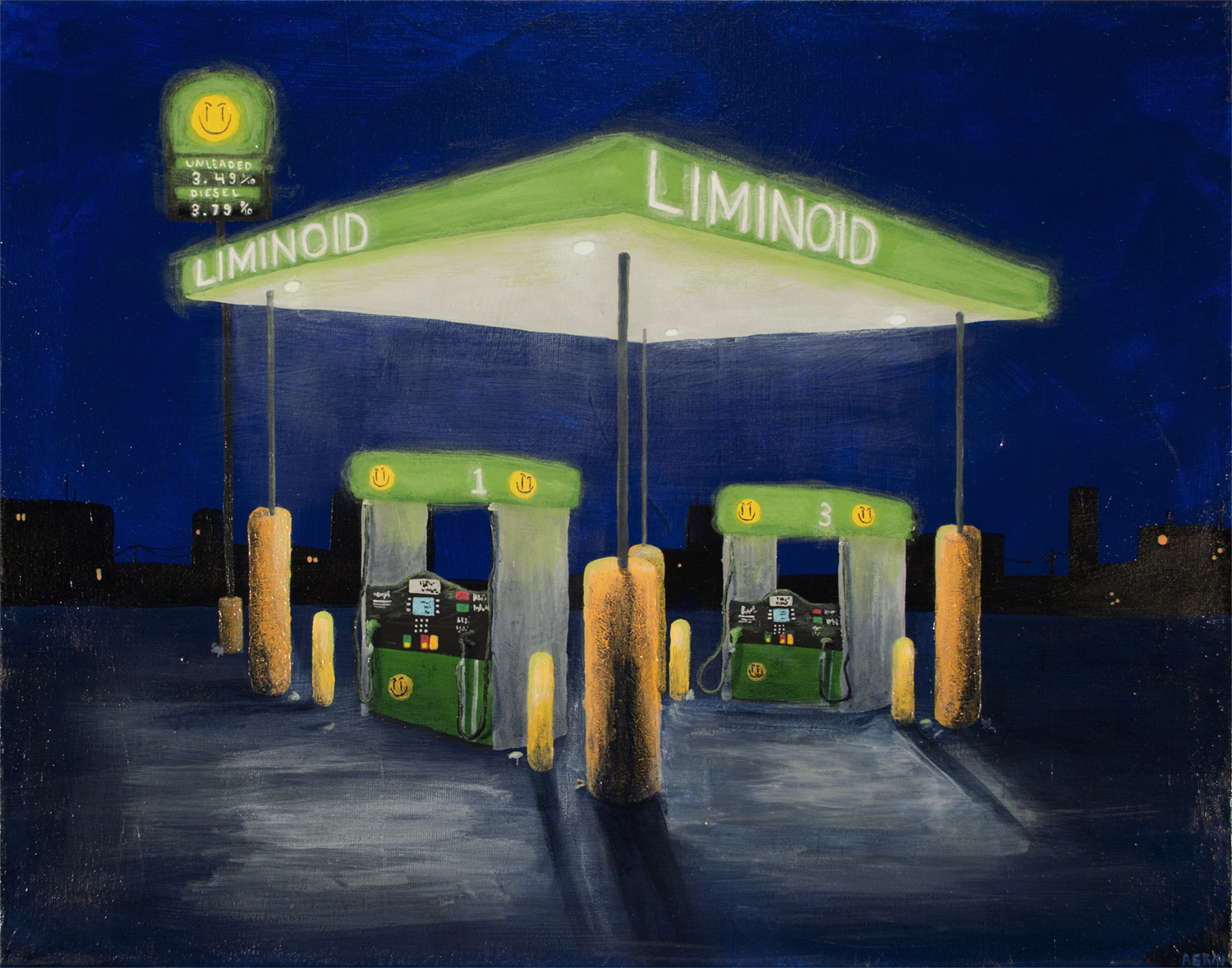 a lit gas station called Liminoid at night, courtesy of the artist