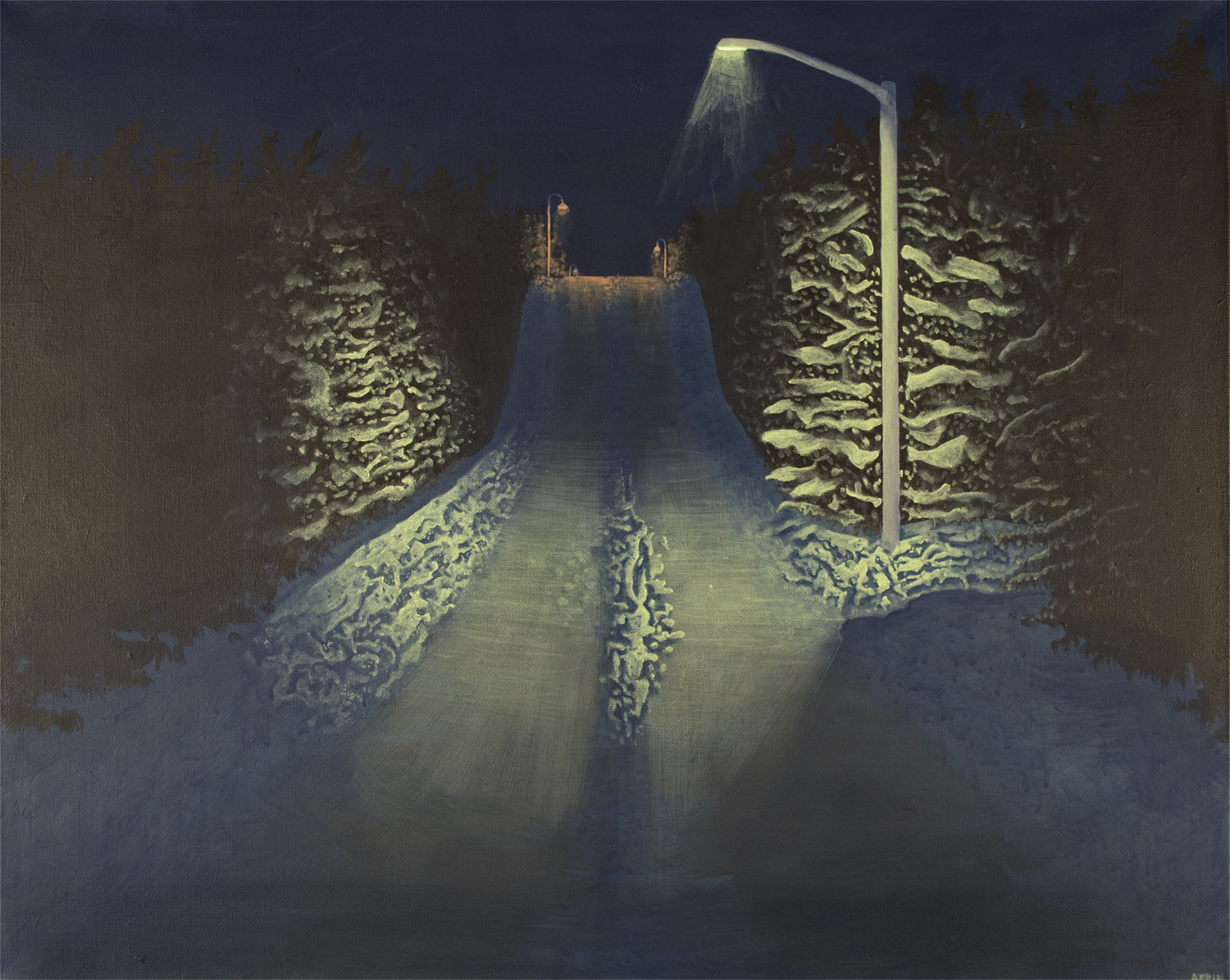 a street light shines on a desolate snowy road surrounded by trees, courtesy of the artist