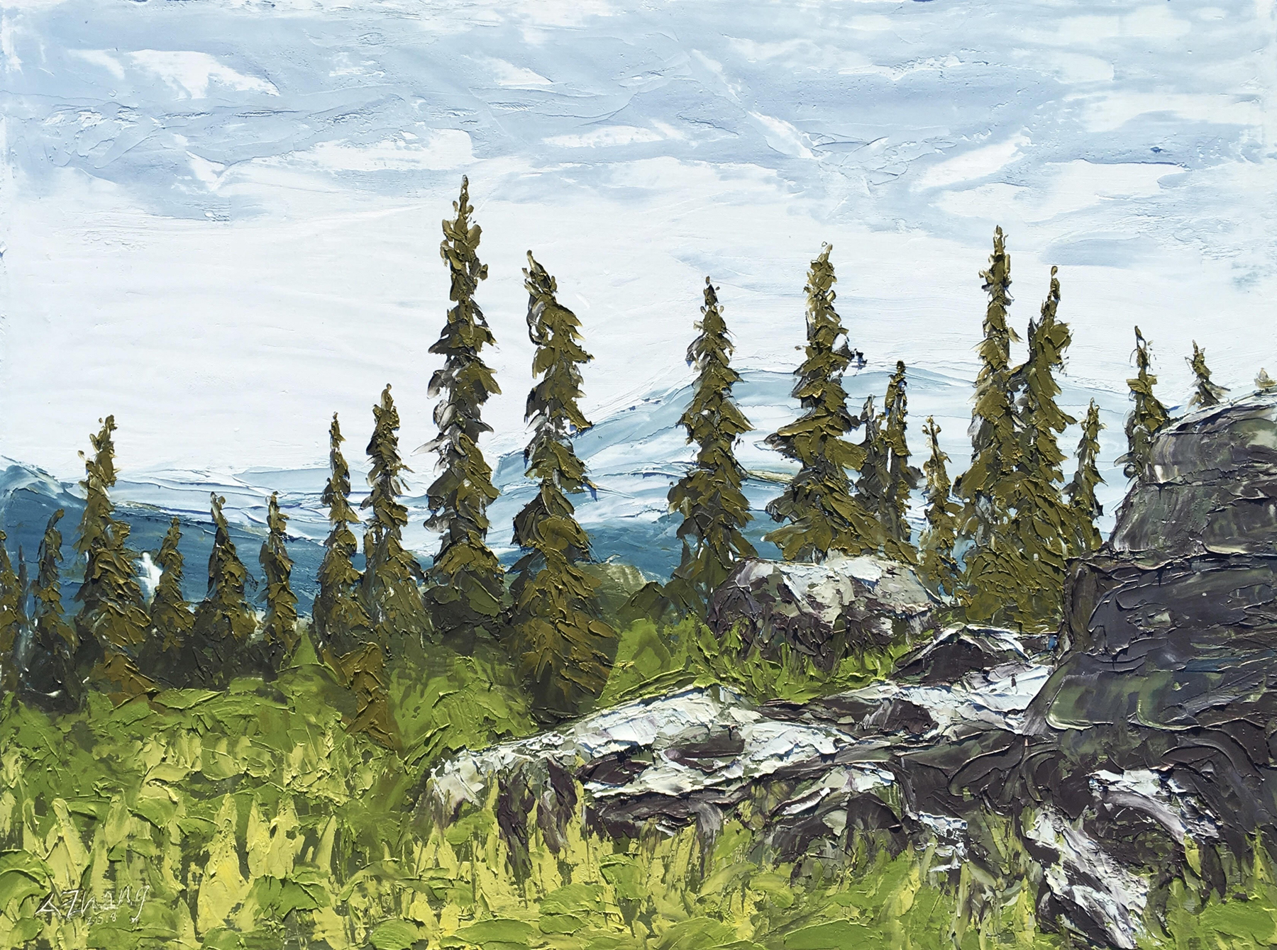 A painting of the view from atop Murphy Dome under a bright blue sky. Image courtesy of Allison Juneau