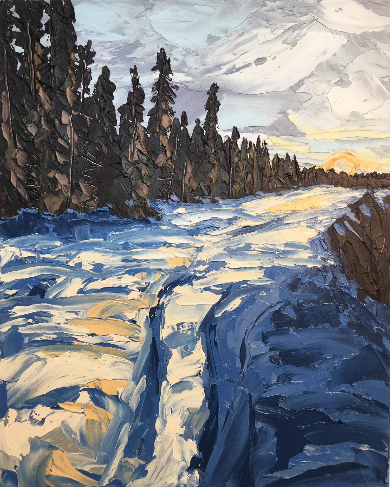 A painting of a snowy path through pine trees during golden hour. Image courtesy of Allison Juneau