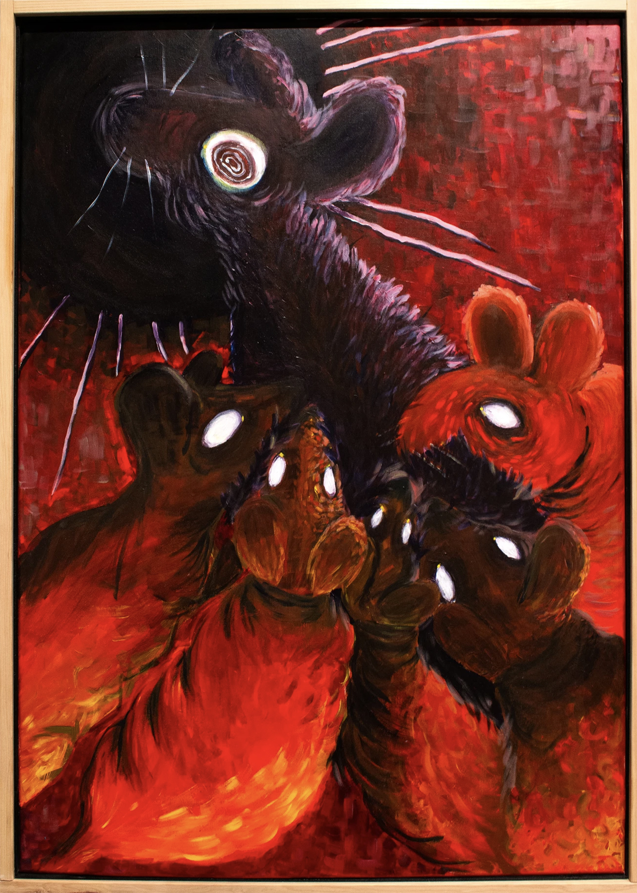 Painting of a black mouse encircled by red mice, courtesy of the artist