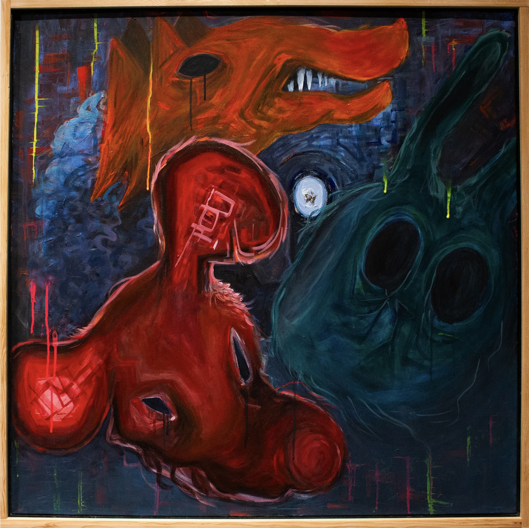 Dark, colorful abstract painting of three animal face, courtesy of the artist