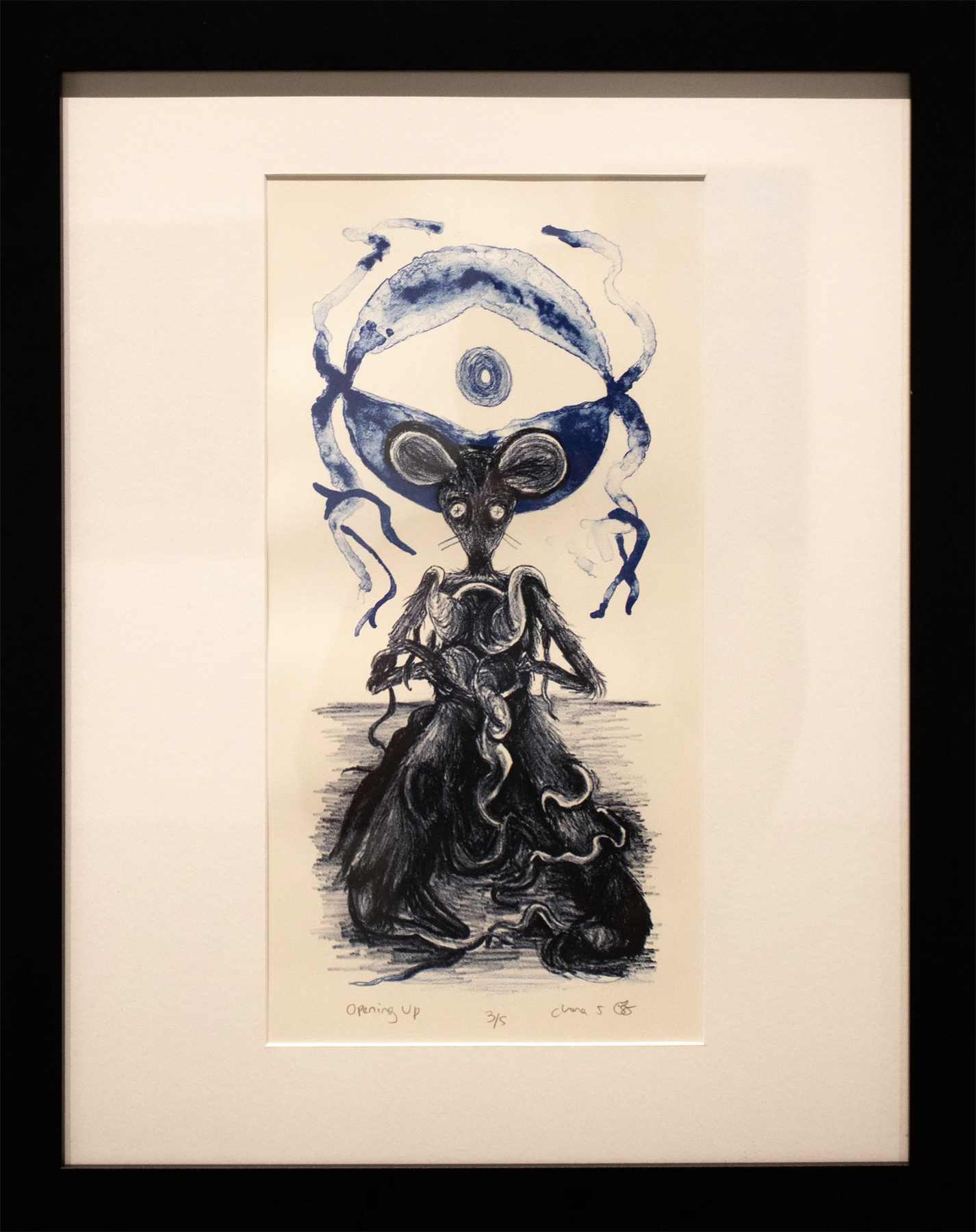 Black and blue framed lithograph of a mouse in front of an eye with abstract shapes emerging from the front of its torso, courtesy of the artist