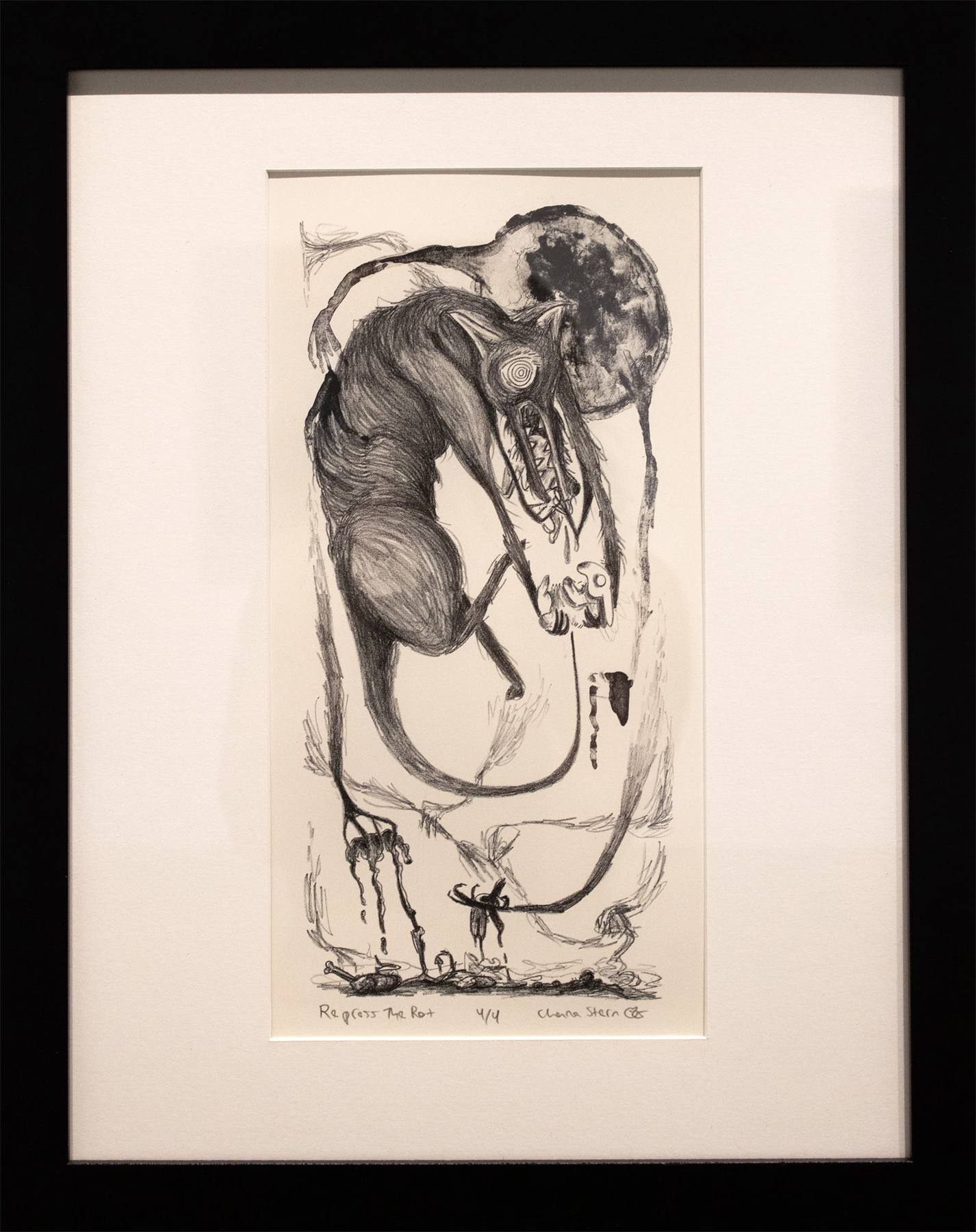 Black and white framed lithograph of a decaying animal holding a smaller animal, courtesy of the artist
