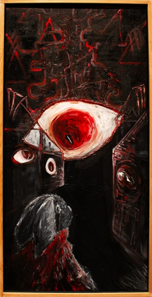 Dark red and black painting featuring a giant eye looking down on a black rabbit, courtesy of the artist