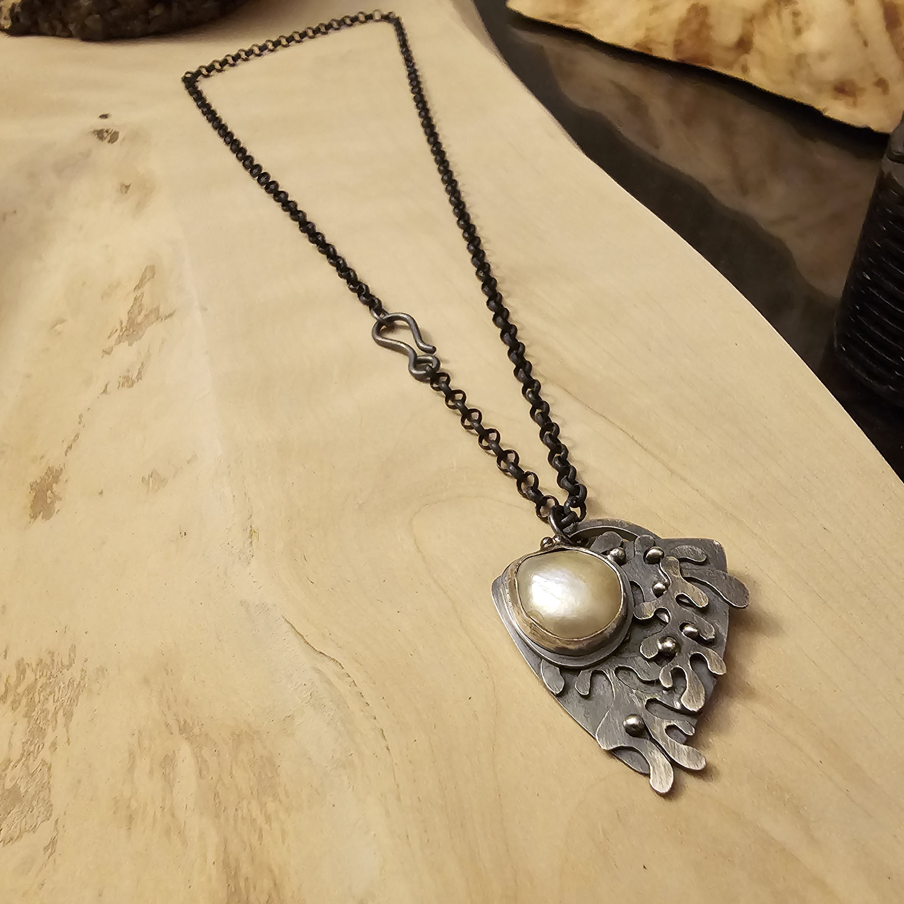 Silver lichen pendant with pearl, image courtesy of Christen Booth