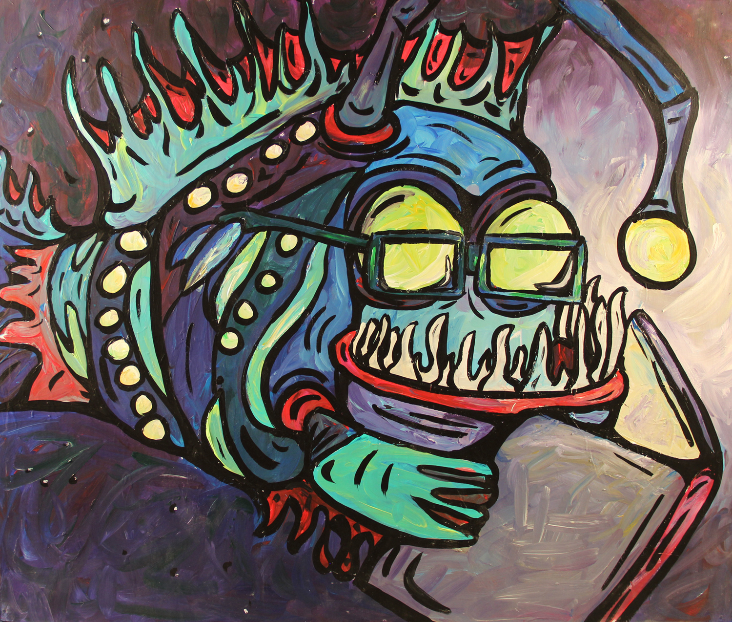 pop art-inspired heavy lined and bright colored painting of an angler fish reading a book. Image by Courtney Huston