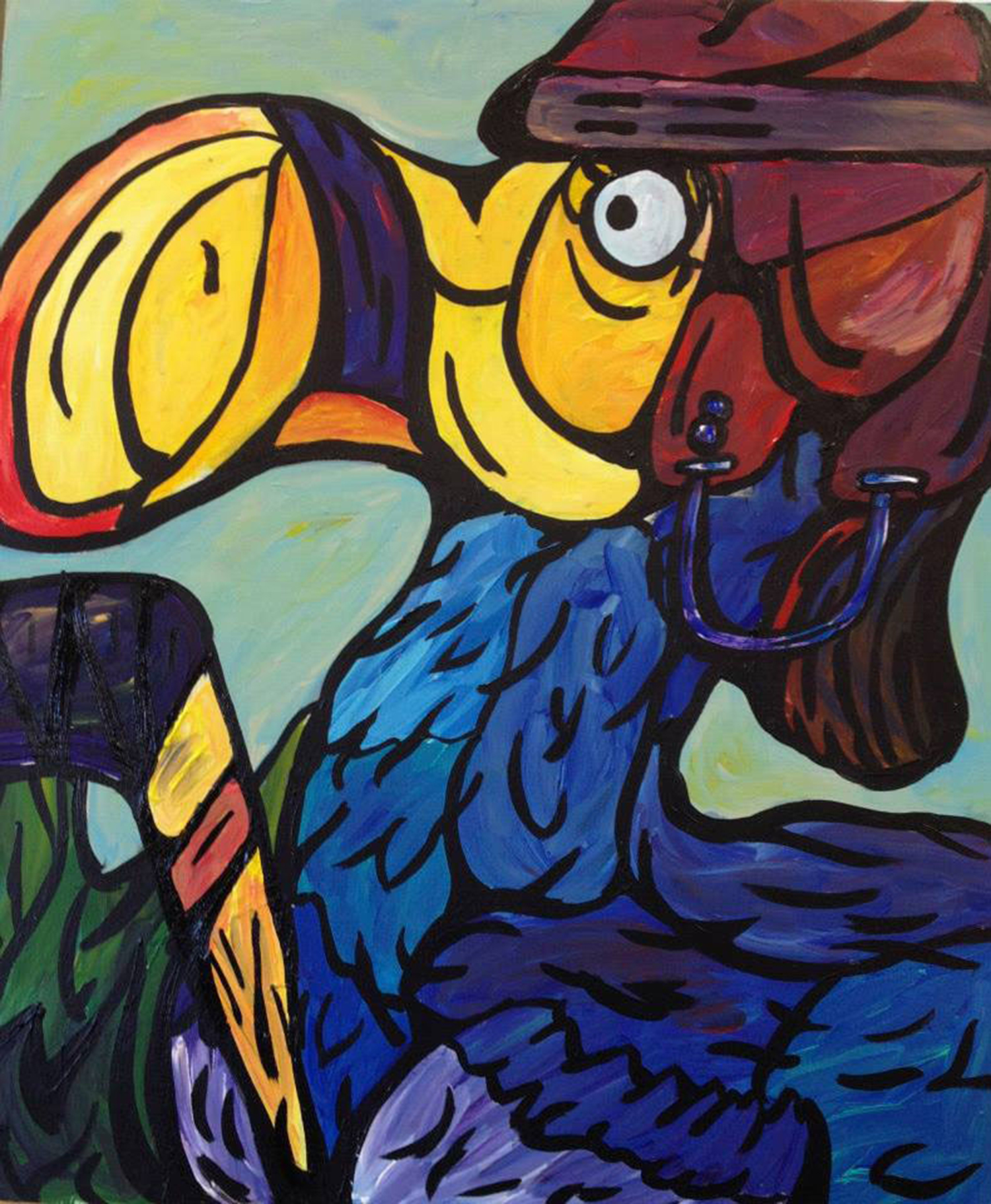 A colorful, abstract painting of a dodo bird in a cap holding a hockey stick. Painting by Courtney Huston
