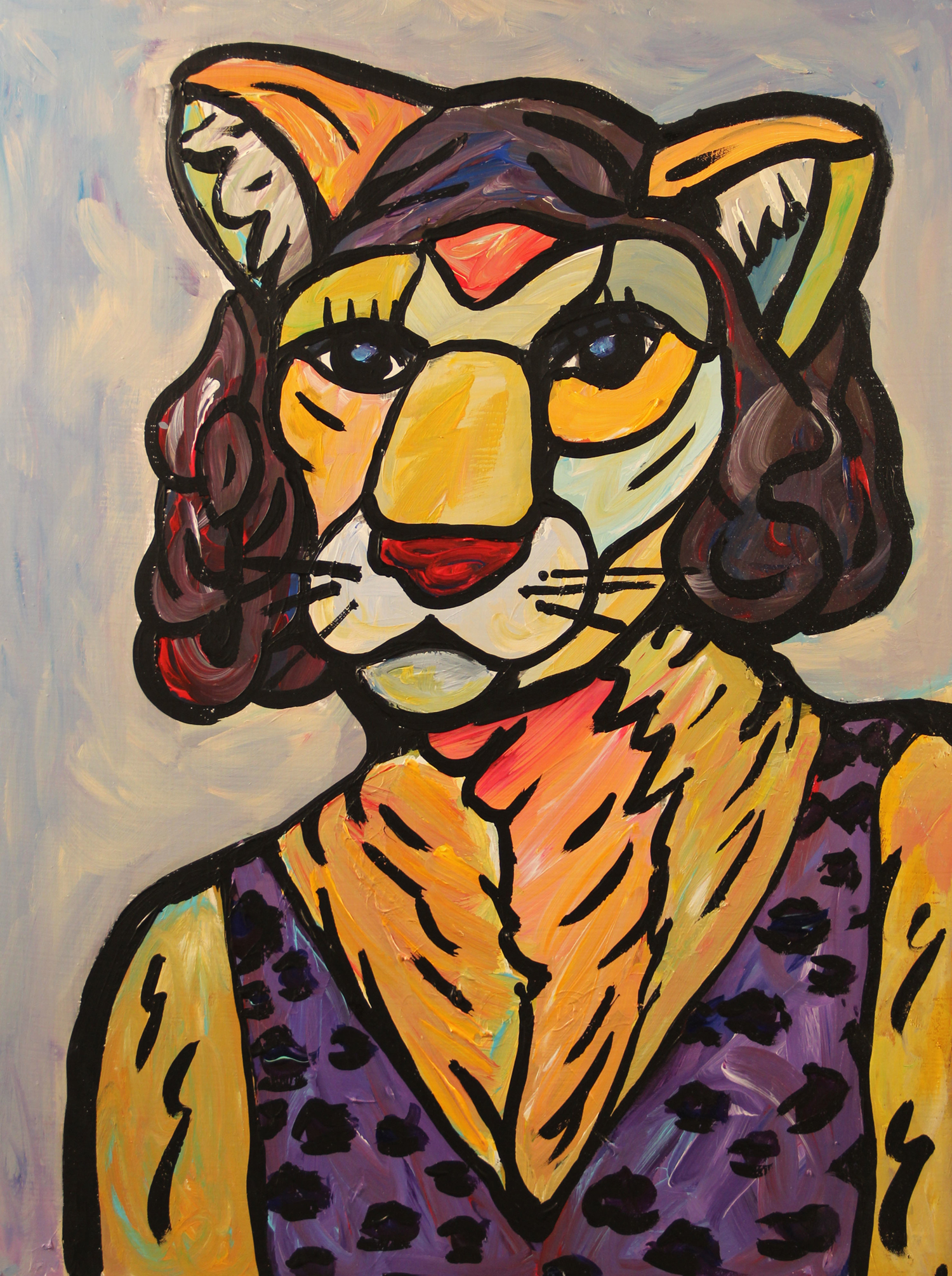 A cougar in a wig and purple dress. Painting by Courtney Huston