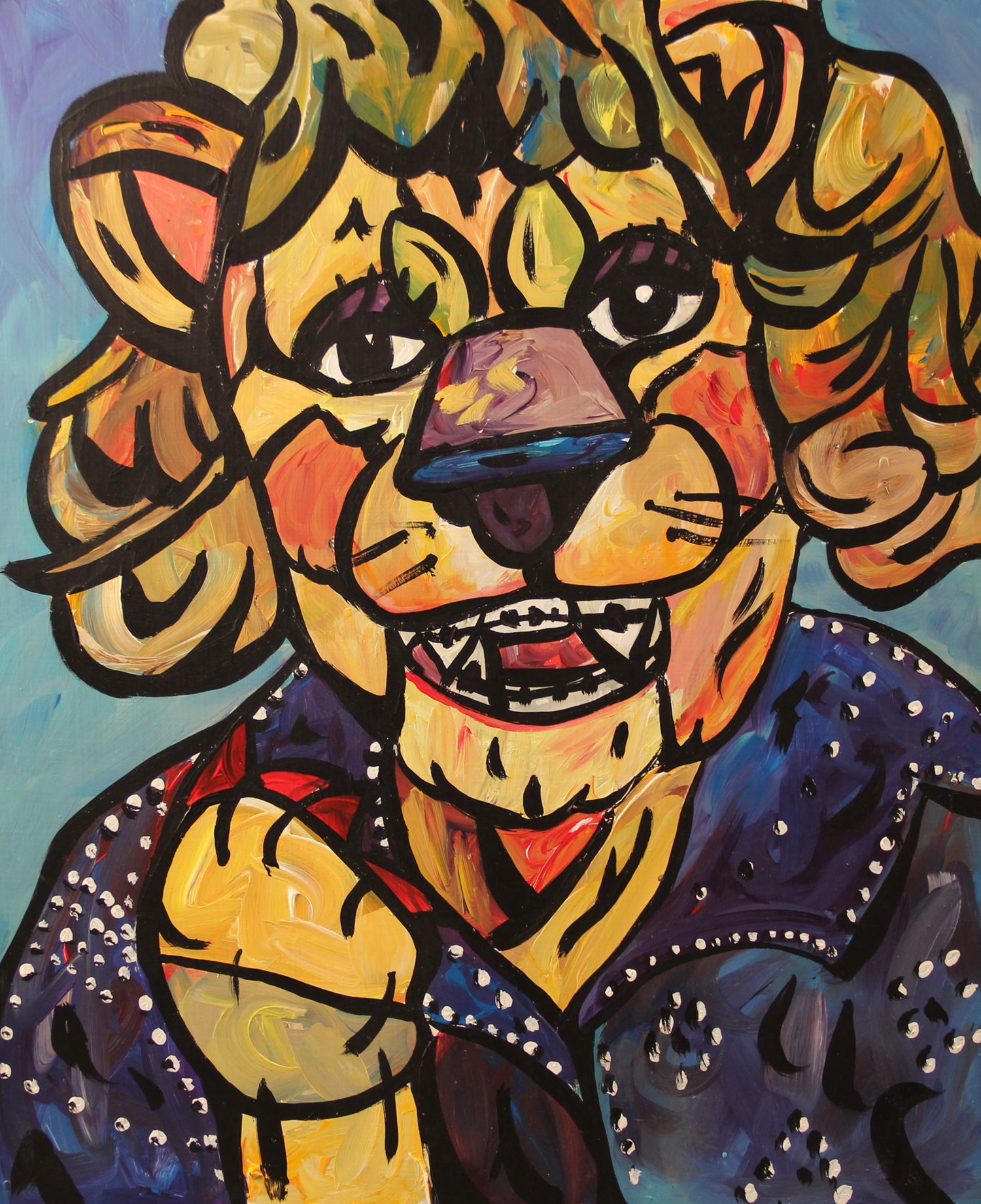 A smiling lion in a bedazzled jacket. Painting by Courtney Huston