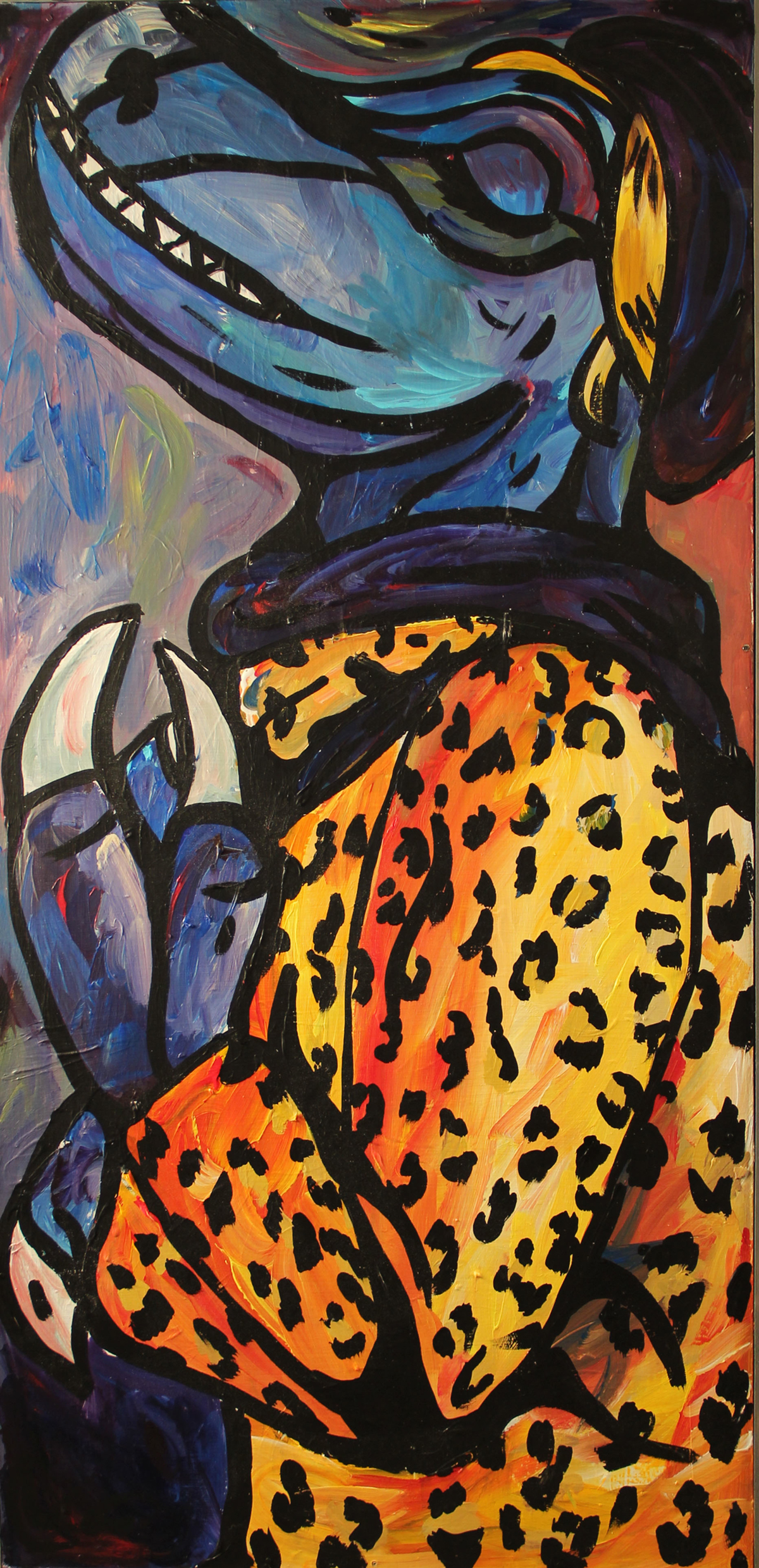 A dinosaur in a cheetah-print jacket. Painting by Courtney Huston