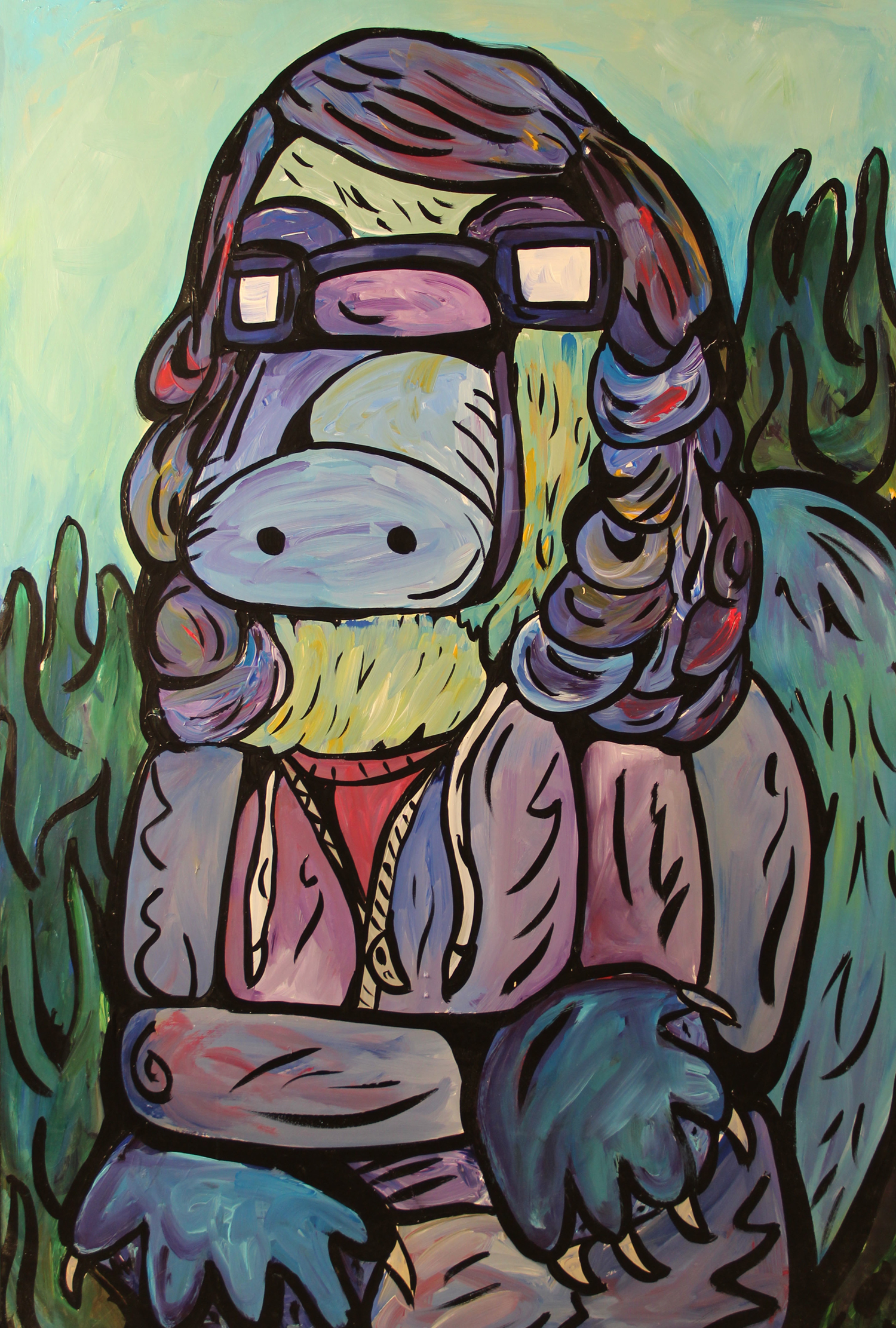 A colorful, abstract painting of an animal in a wig and coat. Image by Courtney Huston