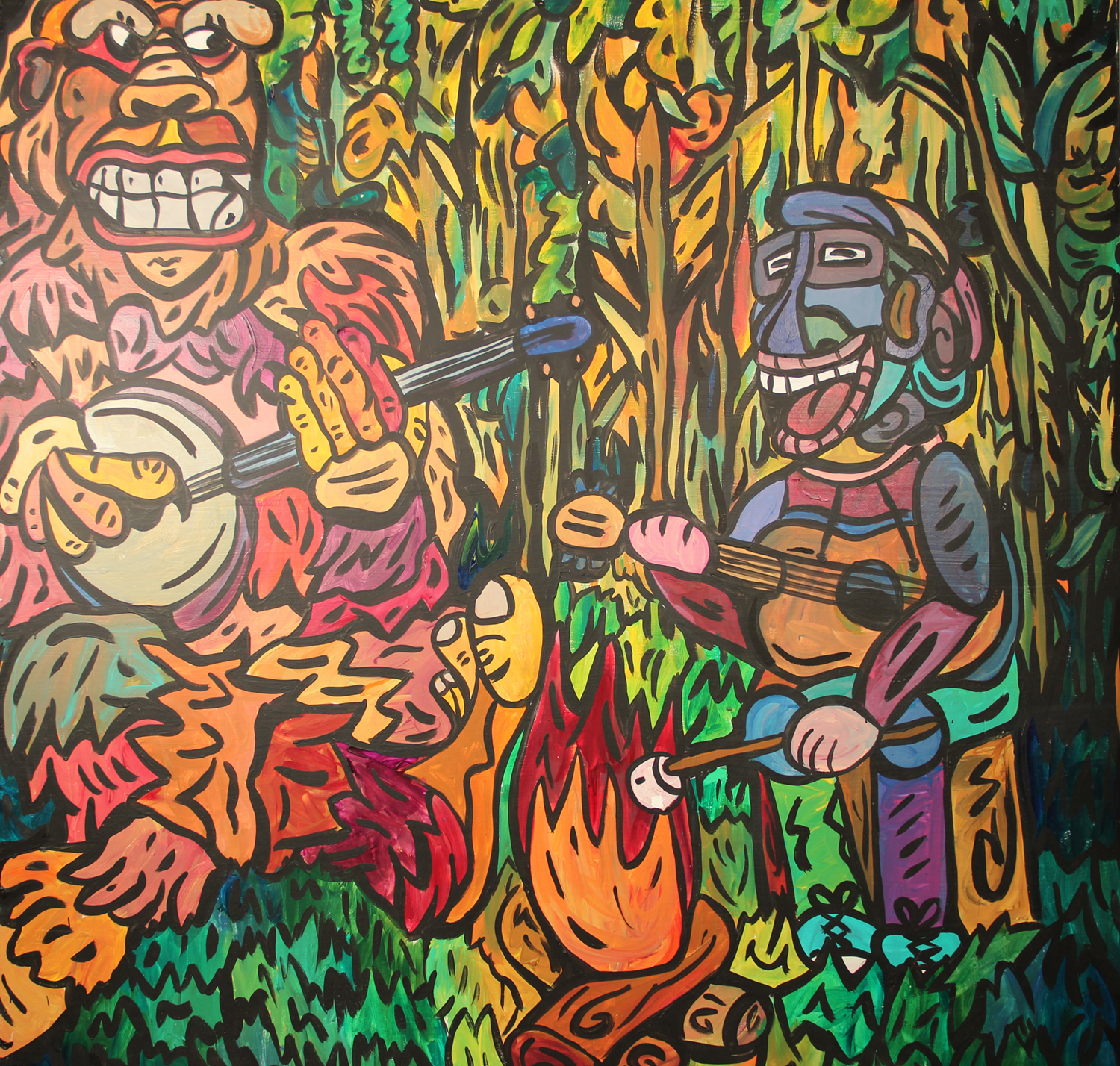 pop art-inspired painting with heavy lines and bright colors of a monkey and a Sasquatch playing instruments. Image courtesy of Courtney Huston