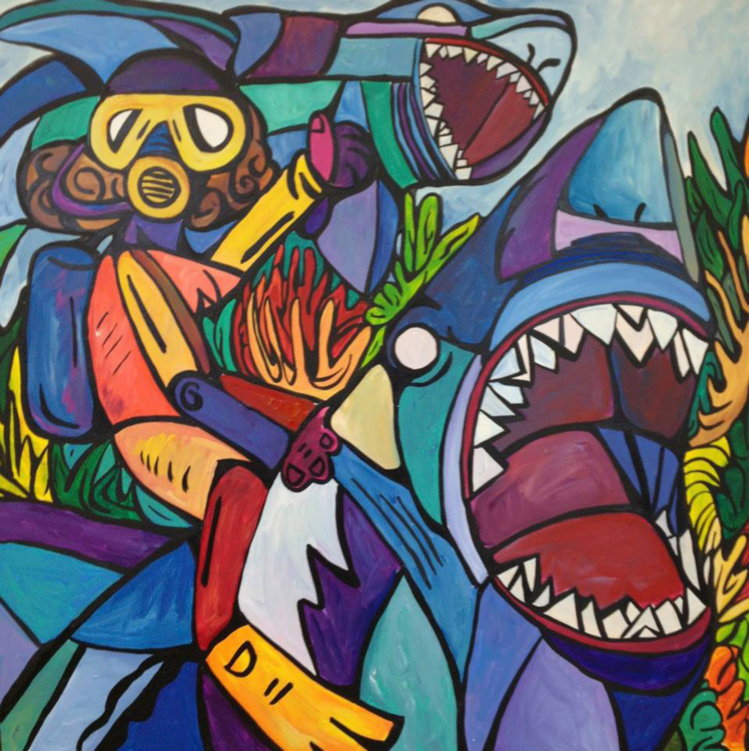 pop art-inspired painting with heavy lines and vibrant colors of a person in scuba gear riding on a shark's back. Image by Courtney Huston