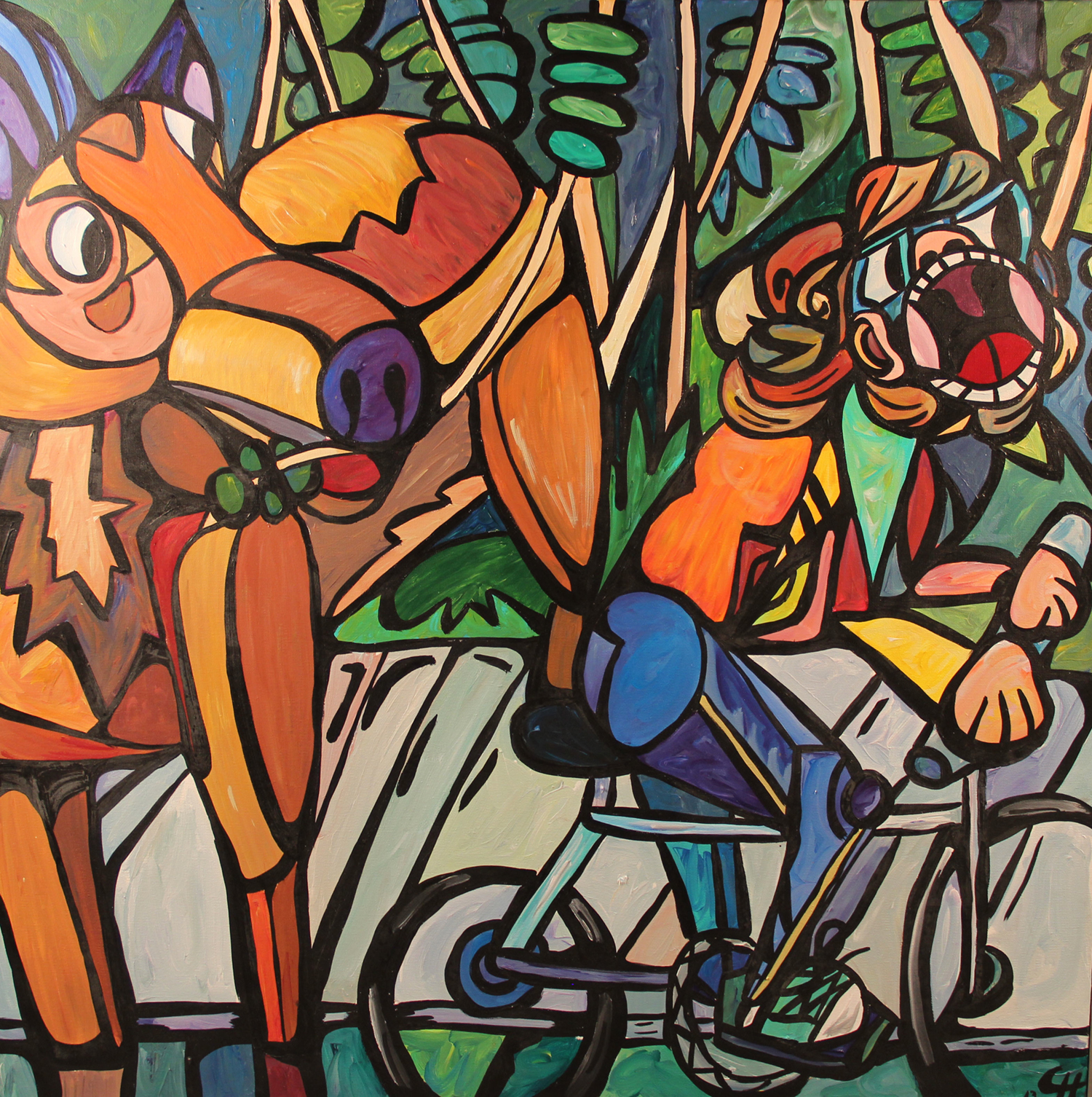 pop art-inspired painting with heavy lines and bright colors of a panicked person on a bike pedaling away from a moose. Image by Courtney Huston