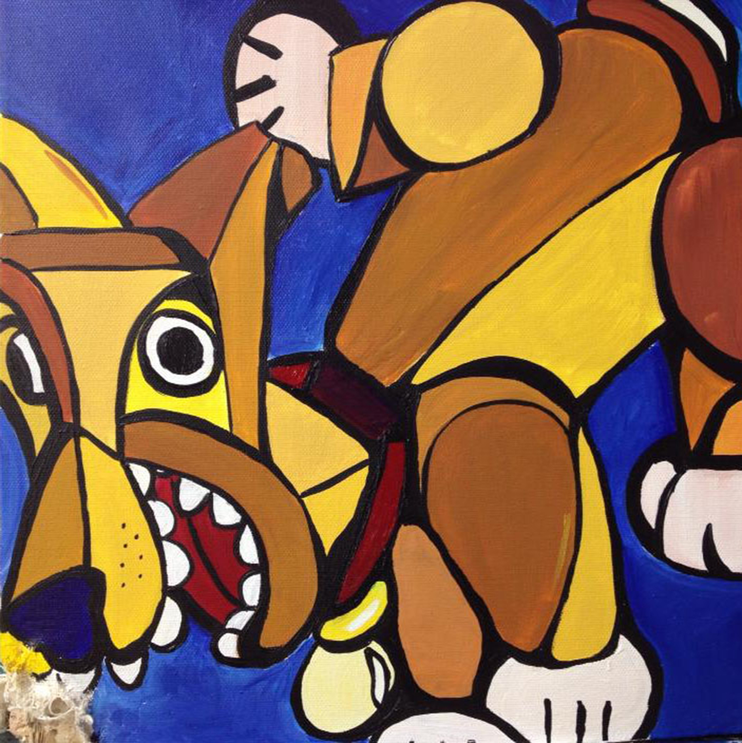 pop art-inspired painting with heavy lines and bright colors of a dog tearing at the corner of a canvas. Image by Courtney Huston