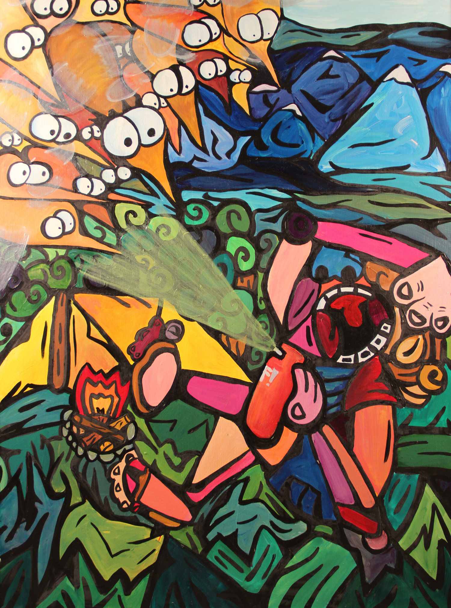 Abstract and colorful painting of an anguished figure camping surrounded by staring mice. Painting by Courtney Huston
