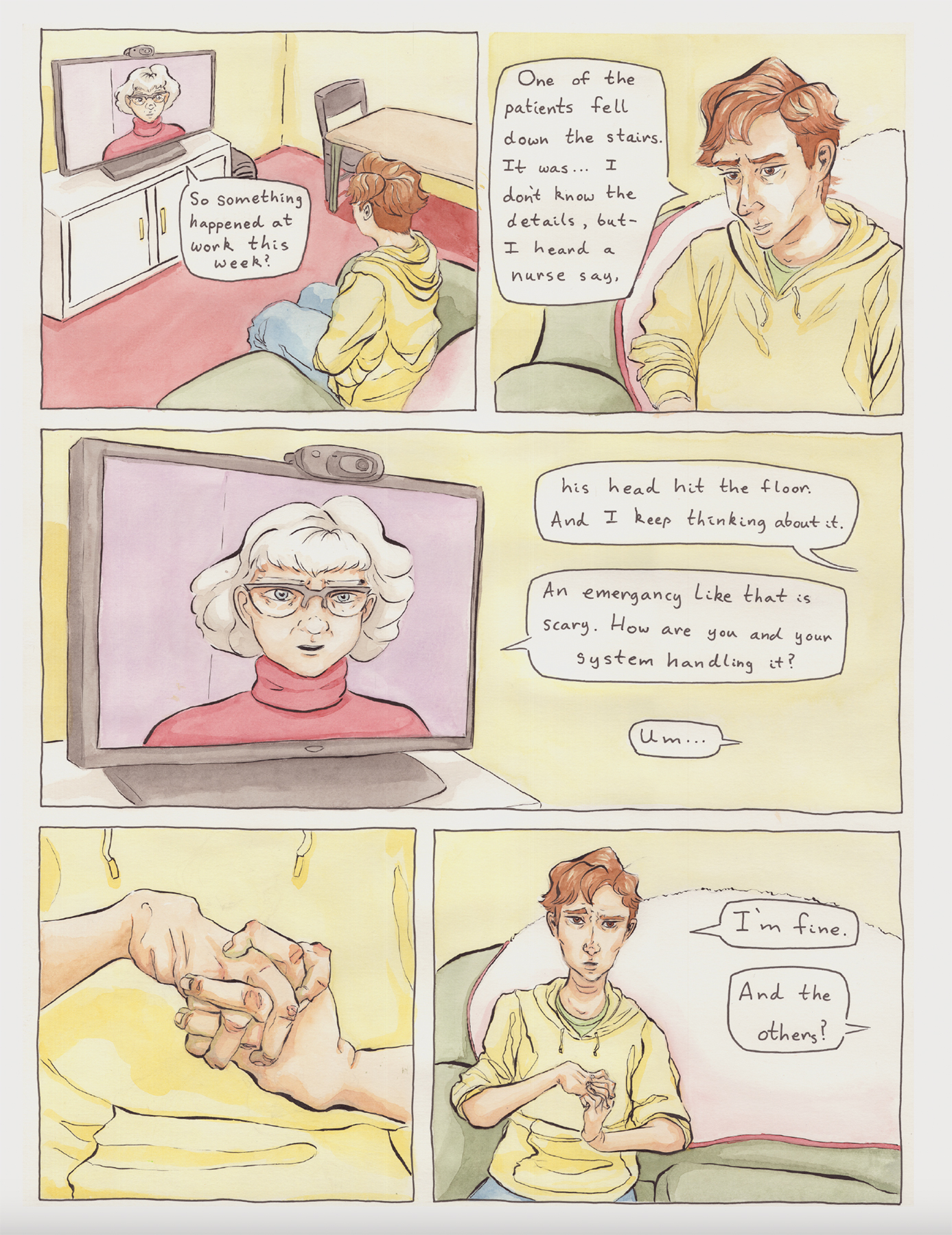 Page of comic depicting a video conference between main character and another person where the main character recounts a patient falling down the stairs. The listener asks how the main character's system is handling it. Image courtesy of Daniell Stromanthe