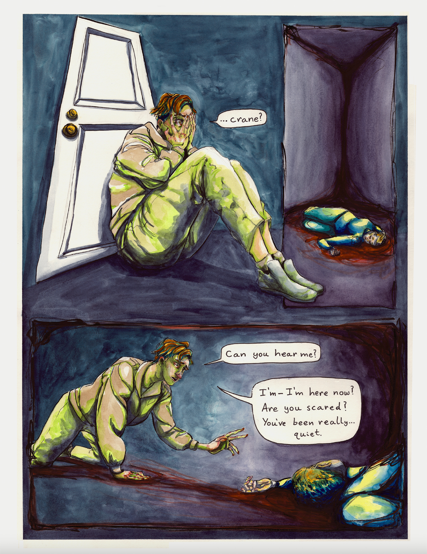 comic page from Against the Floor. Killlian approaches Crane who is still lying on the floor. Image courtesy of Daniell Stromanthe