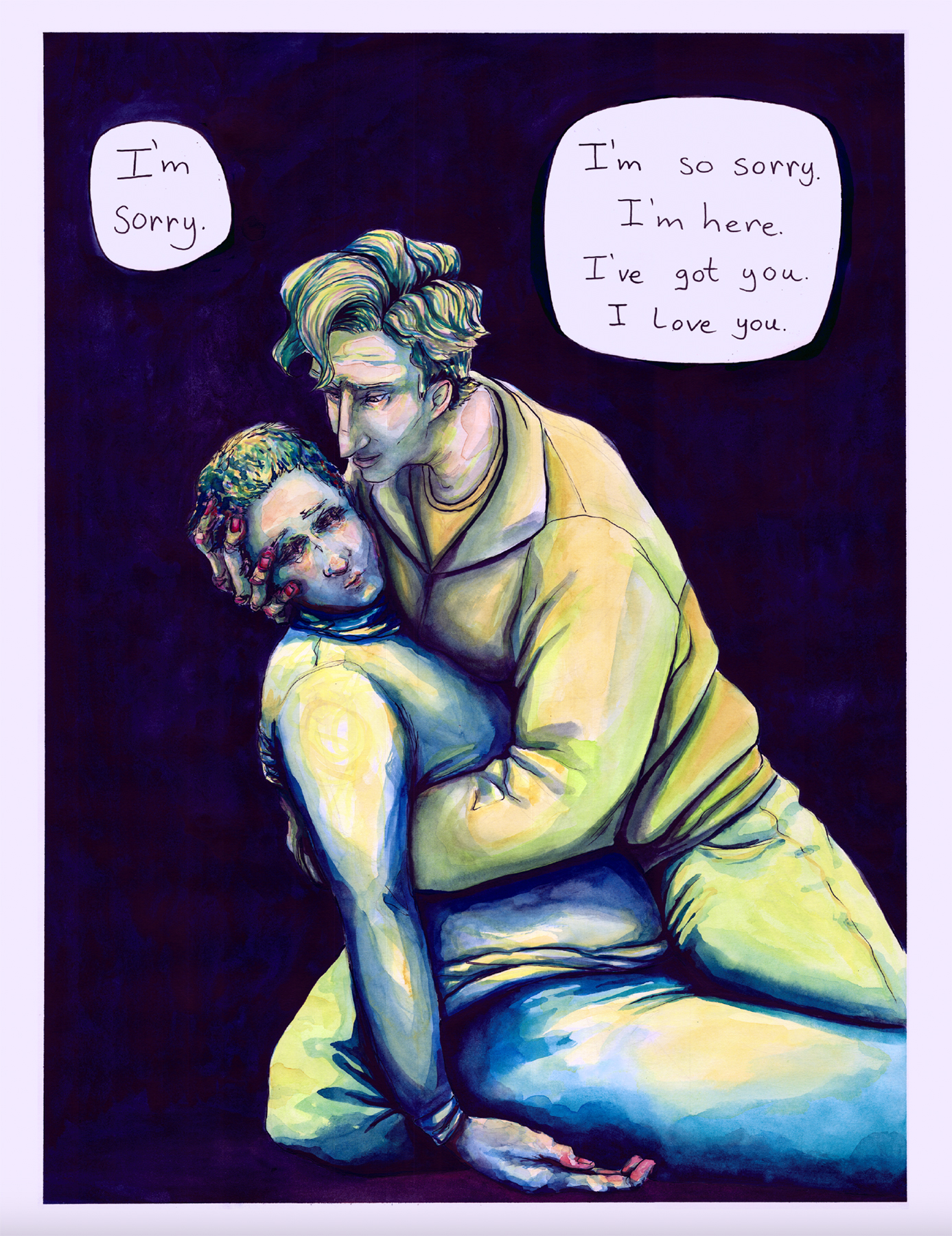 comic page from Against the Floor. Killian holds Crane and apologizes. Image courtesy of Daniell Stromanthe